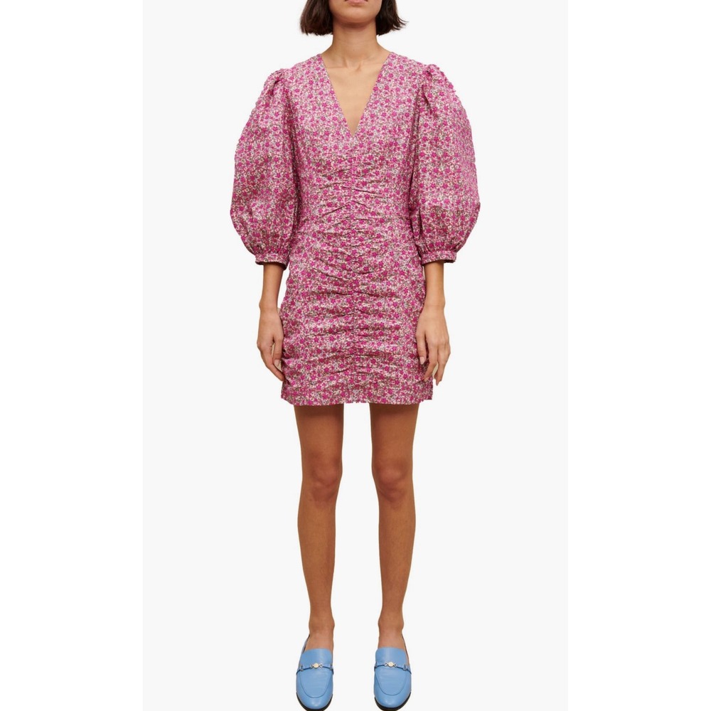 Maje Ryad Floral Puff Sleeve Cotton Mini Dress Pink Size 34